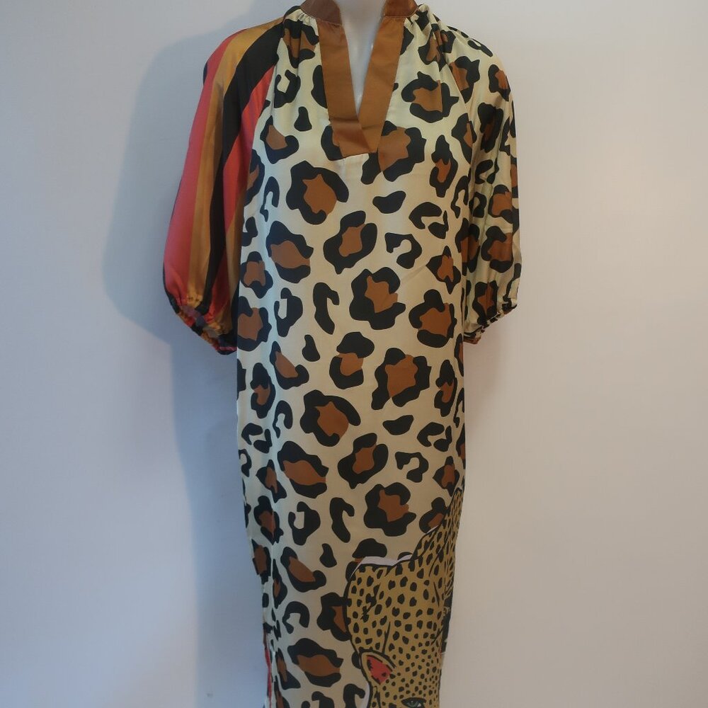 NWT Womens Bululu Resort Wear Villas Cheetah Brown, Multi Maxi Dress S